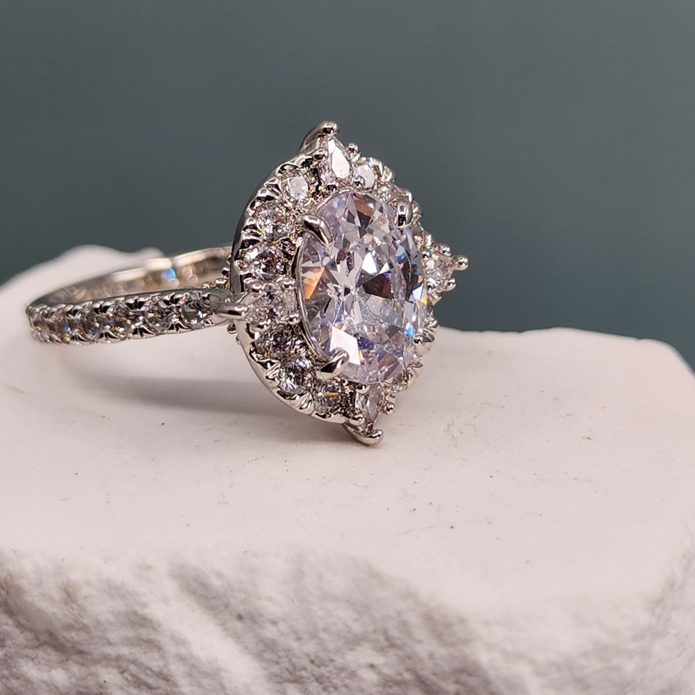 Bomb Party Oval Clear CZ Halo Silver Tone Statement Ring Size 6.5 Rhinestone